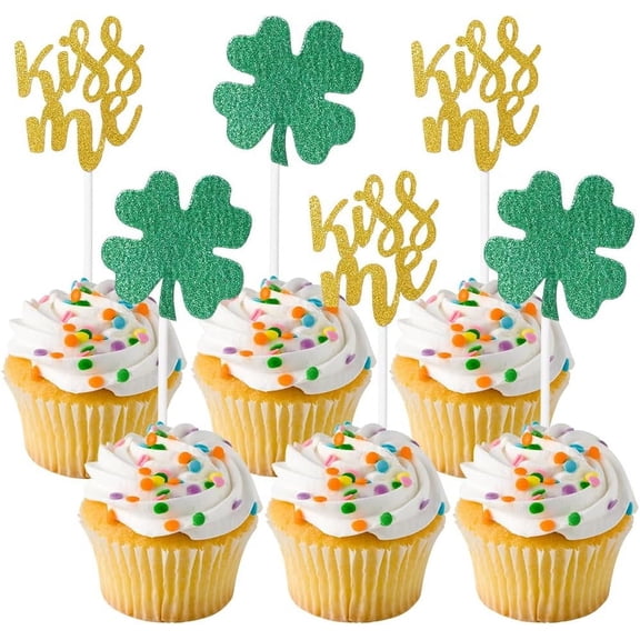 12 PCs St. Patrick's Day Birthday Cake Topper Lucky St. Patrick's Day Four Leaf Clover Irish Themed Cake Decorations Display Cake Topper