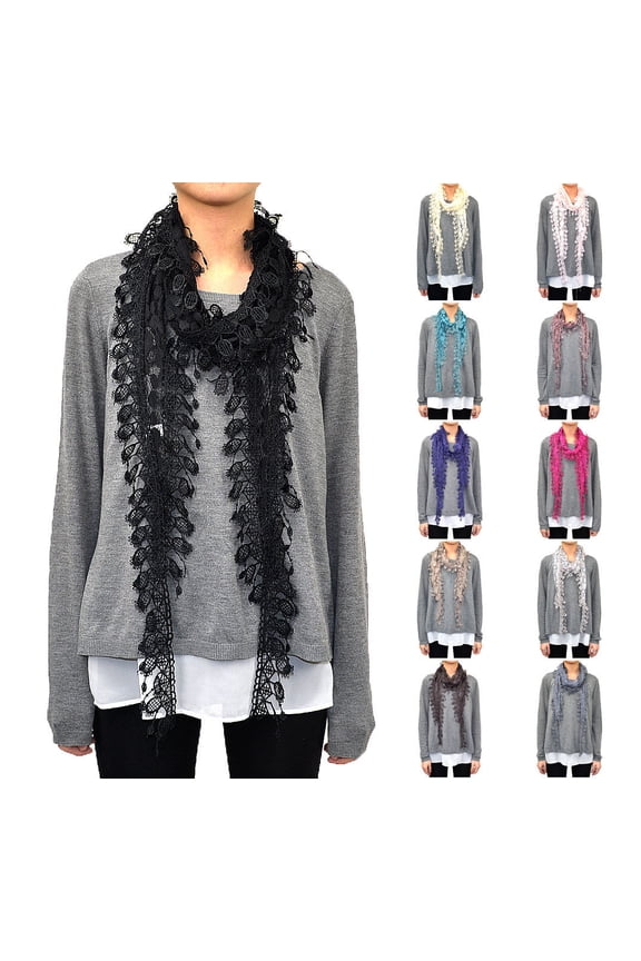 12 PCs Wholesale Women's Fishnet Fringe Lace Scarf Embroidery Tassel Polka Dot