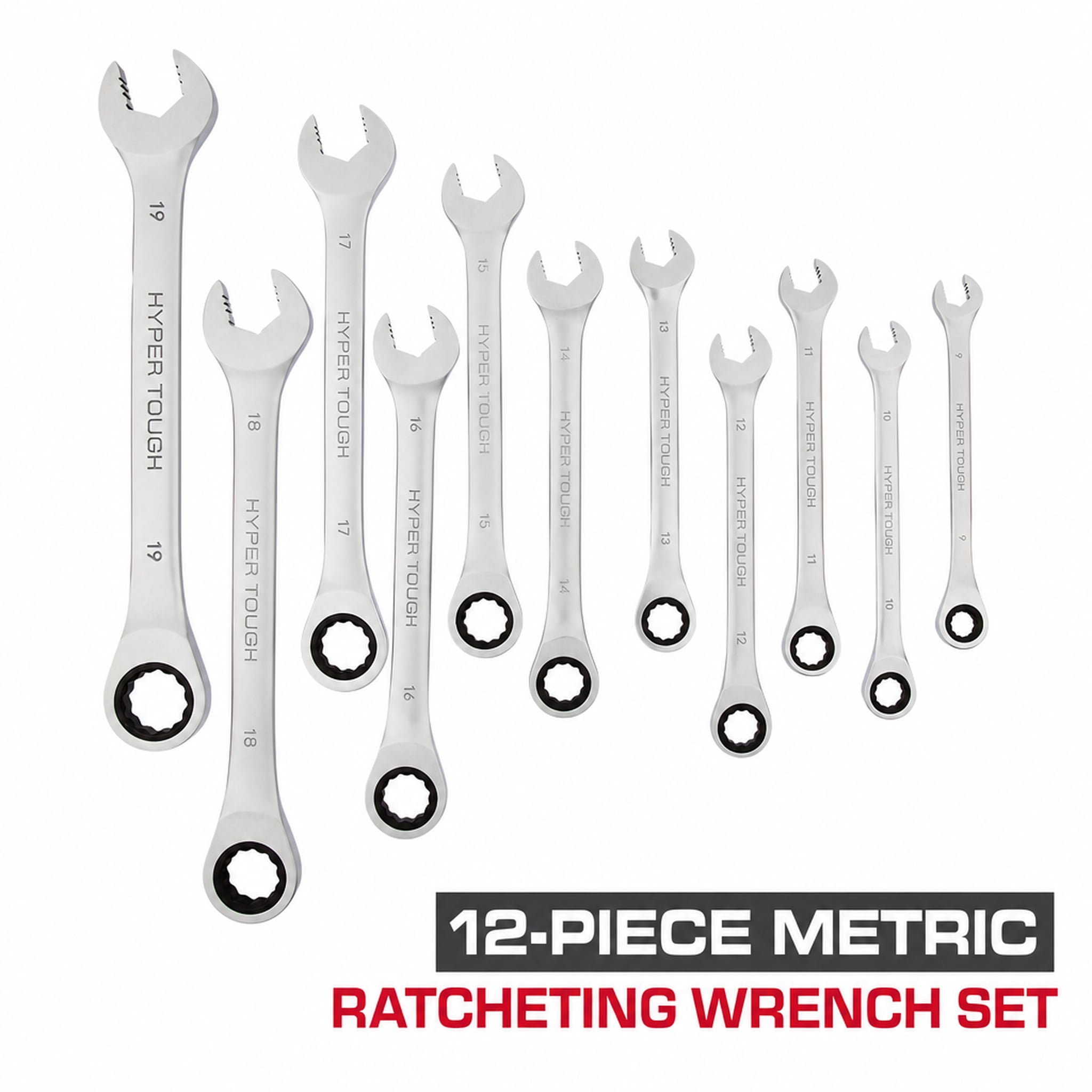 Hyper Tough Ratcheting Wrench Set, Metric, 12 Pieces