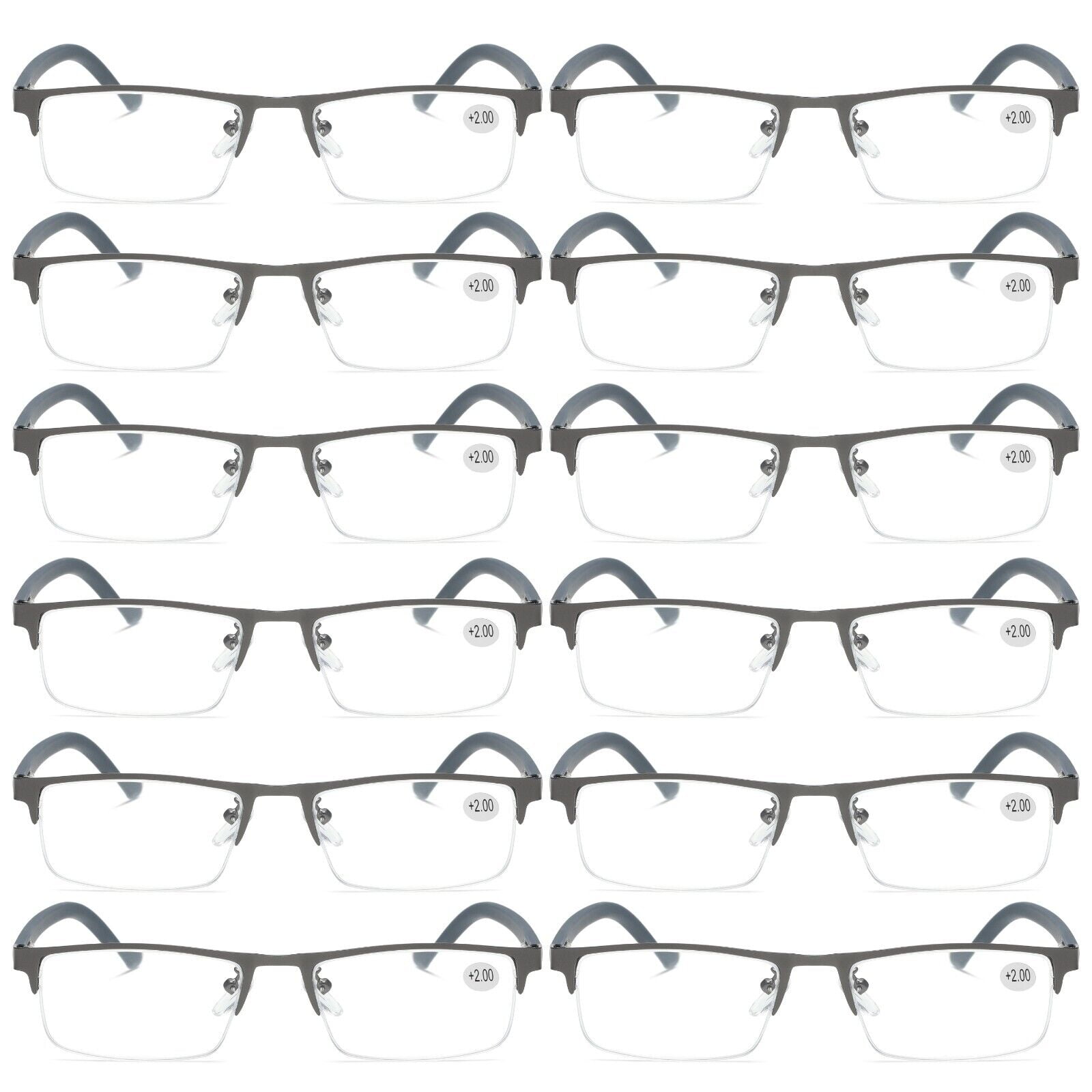 12 PK Men's Blue Light Blocking Reading Glasses - Rectangular Metal Half-Frame - Spring Hinge Readers +1.25