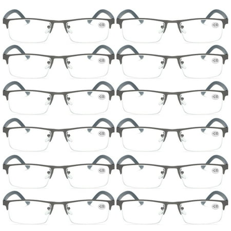 12 PK Men's Blue Light Blocking Reading Glasses - Rectangular Metal Half-Frame - Spring Hinge Readers +1.25