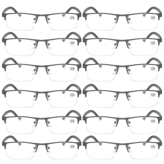 12 PK Men's Blue Light Blocking Reading Glasses - Rectangular Metal Half-Frame - Spring Hinge Readers +1.50