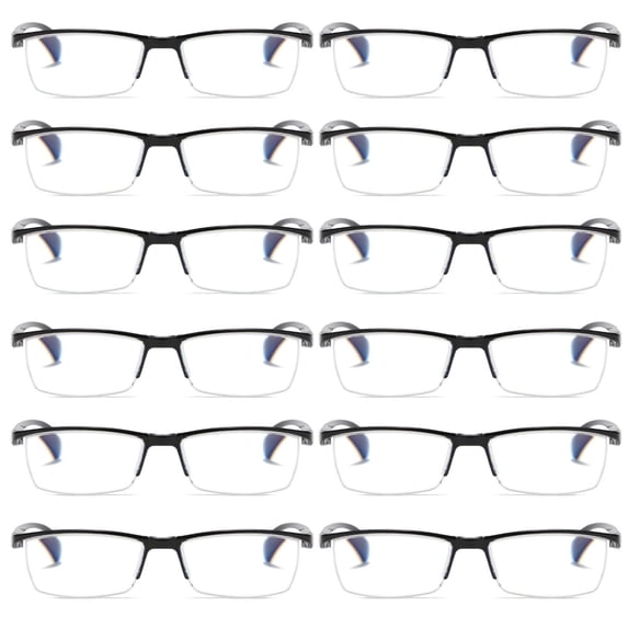 12 PK Mens Reading Glasses Readers - Rectangular Half-Frame - Lightweight & Spring Hinge - Block Harmful Blue Light +1.00