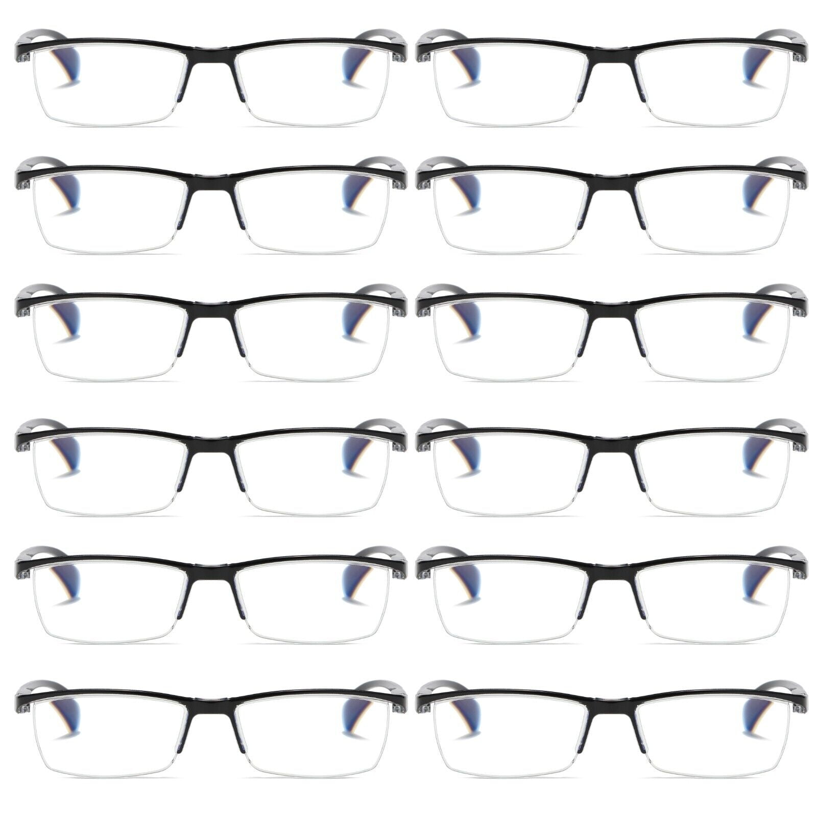 12 PK Mens Reading Glasses Readers - Rectangular Half-Frame - Lightweight & Spring Hinge - Block Harmful Blue Light +1.75