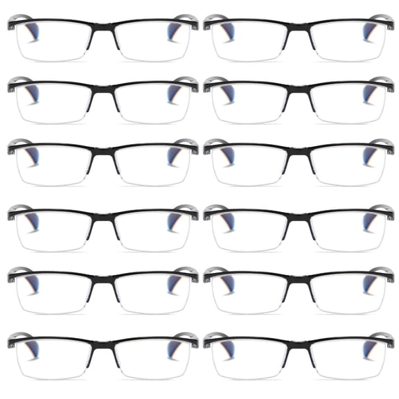 12 PK Mens Reading Glasses Readers - Rectangular Half-Frame - Lightweight & Spring Hinge - Block Harmful Blue Light +2.50