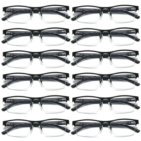 12 PK Mens Reading Glasses Spring Hinge - Square Metal Half-Frame - Blue Light Blocker Readers +0.75