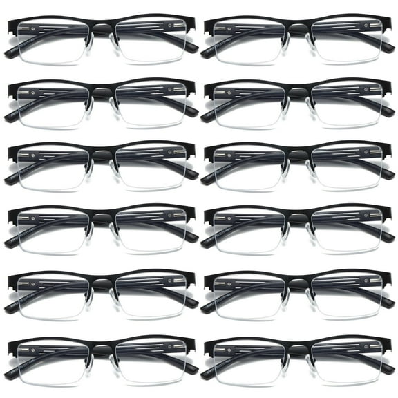 12 PK Mens Reading Glasses Spring Hinge - Square Metal Half-Frame - Blue Light Blocker Readers +0.75