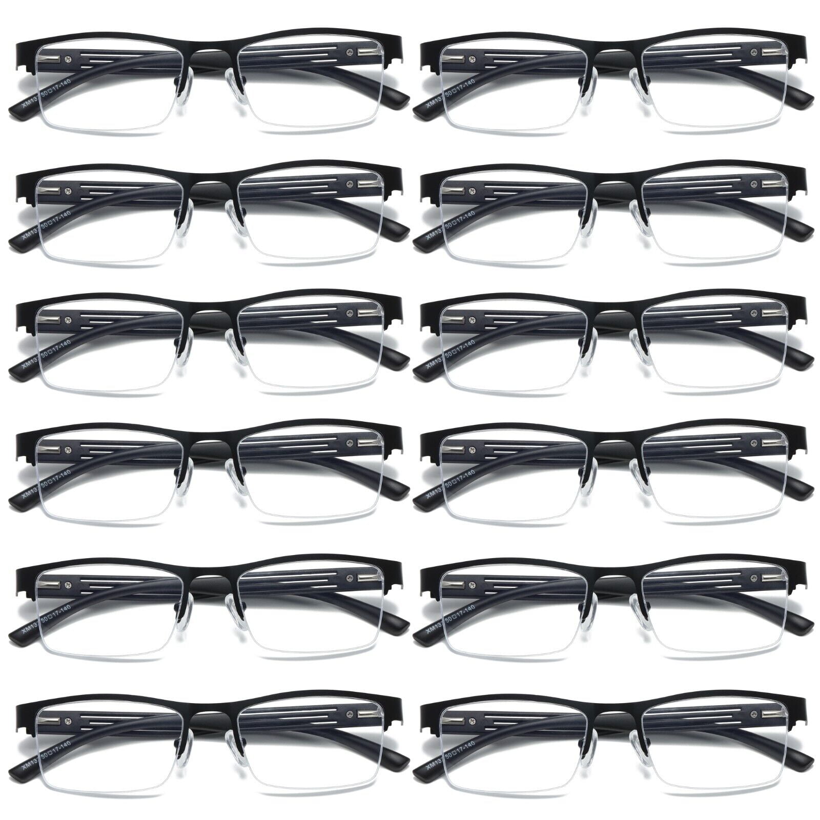12 PK Mens Reading Glasses Spring Hinge - Square Metal Half-Frame - Blue Light Blocker Readers +2.00
