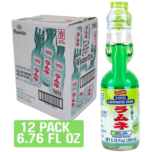 SHIRAKIKU Ramune Japanese Carbonated Drink Melon, 6.76 fl oz, 12 pack