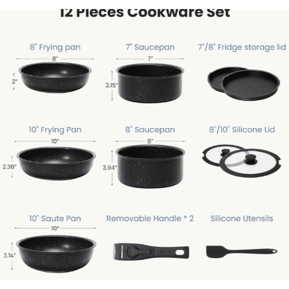 12 POTS And Pans Set, Non-stick Kitchen Cookware Set,Black