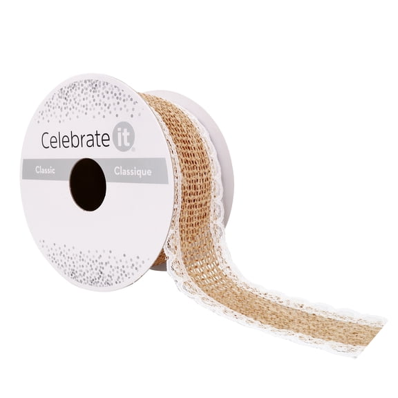 12 Pack: 1.5" x 3yd. Faux Burlap with Lace Edging Ribbon by Celebrate It Classic