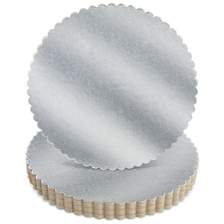 12 Pack 10 Inch Cake Board Base, Cardboard Scalloped Platters for Bakeries, Desserts (Silver)