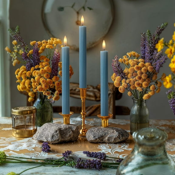 12 Pack, 10" LED Flameless Blue Fluted Ribbed Grooved Taper Candles with 2 Remotes & 24h Timer Memory - Battery Operated for Christmas, , Weddings, and Dinners