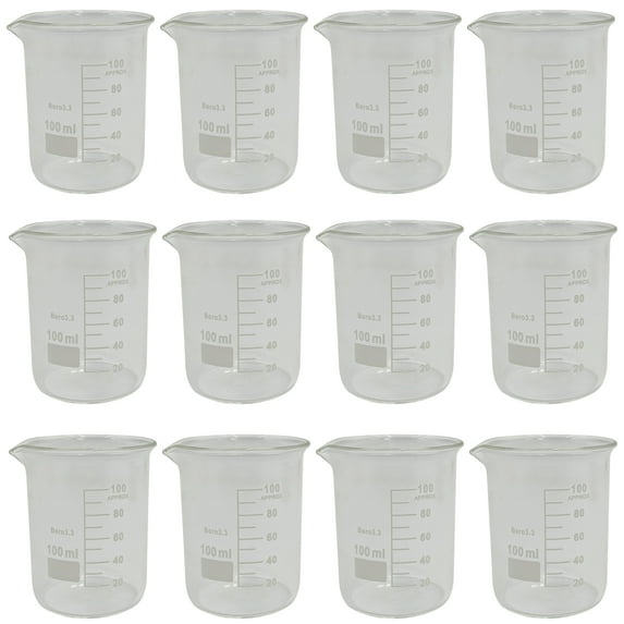 12 Pack 100mL Glass Beakers with Pour Spout, Borosilicate, 2.09" Diameter x 2.85" Tall