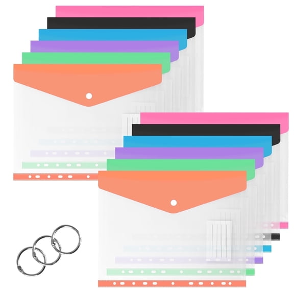 12-Pack 11-Hole Binder Pockets, Expandable Plastic Folders 2/3/4 Ring, Side-Opening Snap, Button Label & A4 Letter, Office & School