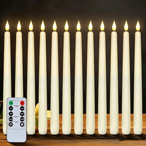 FENLEI 12 pack 11 inches plastic LED flameless taper candles, battery operated flickering candlesticks with remote timer dimmer for church wedding indoor home decor ivory