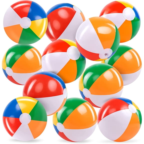 12-Pack 12 Beach Balls - Bulk Classic Beachball Inflatable Swimming Pool Toys for Games Adults Kids Birthday Party Supplies Combo Set, Rainbow Color Blow Up Luau Decorations Favors Gifts (12")