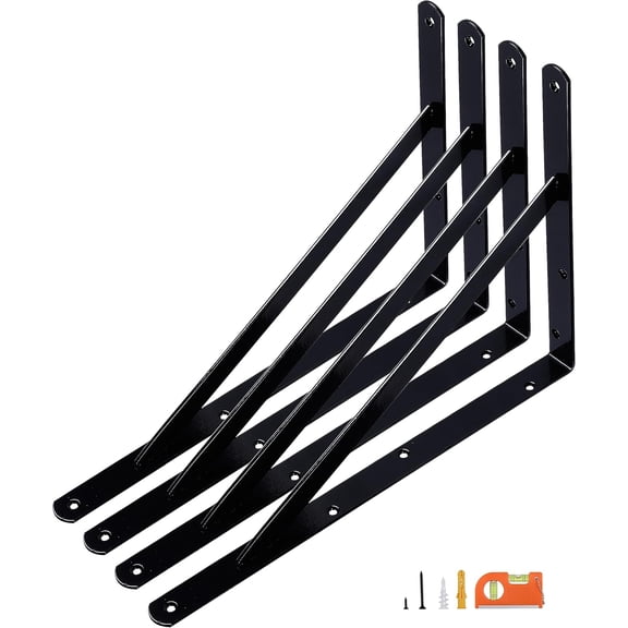 12-Pack 12 Inch Heavy Duty Shelf Brackets, Thicken Wall Bracket for Garage Floating Storage Shelves, 90 Degree Triangle Large L Bracket, Black Powder-Coated Steel