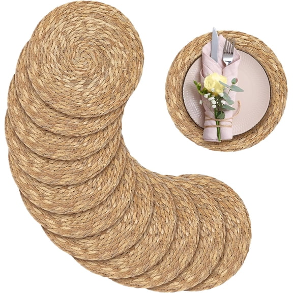 12 Pack 12-Inch Round Woven Placemats Natural Hand-Woven Boho Rattan Wicker Bulrush Placemat Farmhouse Rustic Braided Table Mats for Dining & Kitchen Decor