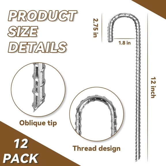 12 Pack 12" J-Hook Rebar Stakes, Heavy-Duty Galvanized Metal Tent & Garden Ground Anchors – Anti-Rust Silver Stakes for Fences, Lawn, Yard & Outdoor Projects