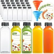 12 Pack, 12 OZ Reusable Plastic Juice Bottles with Caps, Plus 12 Labels & 2 Silicone Funnels - Clear Juicing Bottles for Juice, Smoothies, Ginger, Tea, Coffee - Food Grade & Leakproof Travel Bottles