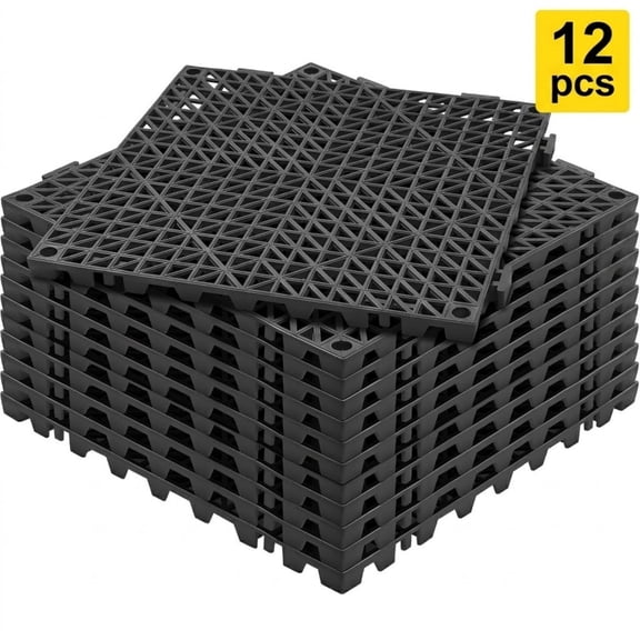 12-Pack 12 x 12 Inch Interlocking Drainage Floor Tiles, Soft PVC Non-Slip Modular Splicing Mats for Bathroom, Kitchen and Pool, Black