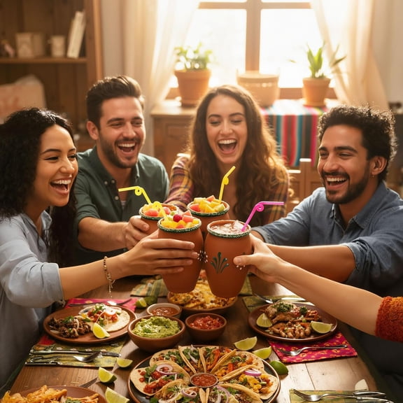 12 Pack 12oz Mexican Clay Cups - Red, Cute Design for Parties and Events