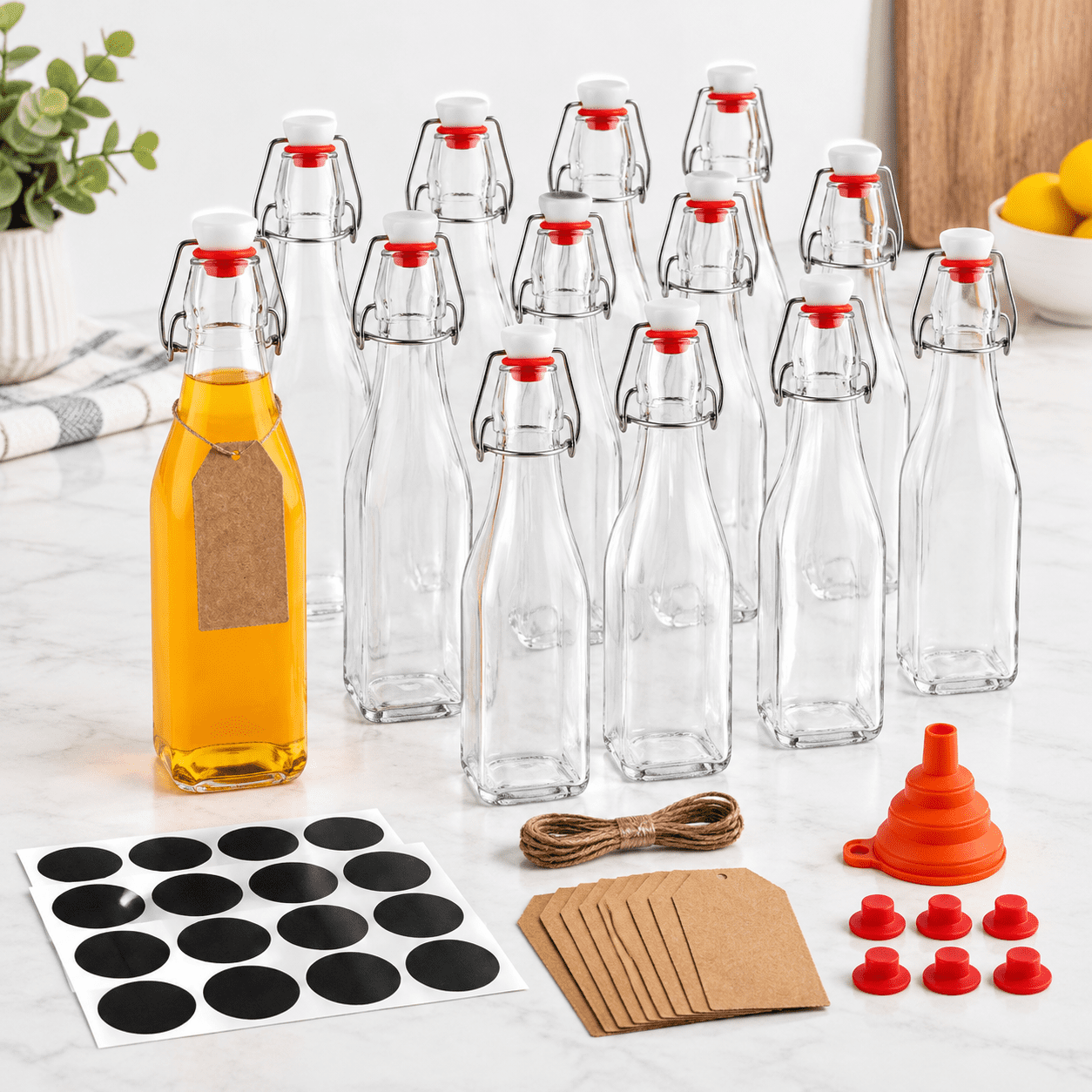 12 Pack 12oz Square Swing Top Glass Bottles with Accessories - Walmart.com