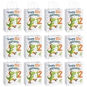12 Pack 12th Birthday Dinosaur Themed Gift Bags, Reusable Medium Paper Treat Bags for Teens