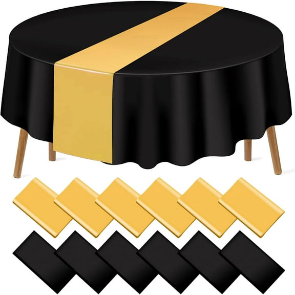 12 Pack 12x108 Inch Satin Table Runner and 84 Inch Round Plastic Tablecloths Set Black and Gold Disposable Round Table Cover for Graduation Wedding Bridal Shower Anniversary Birthday Party Decorations