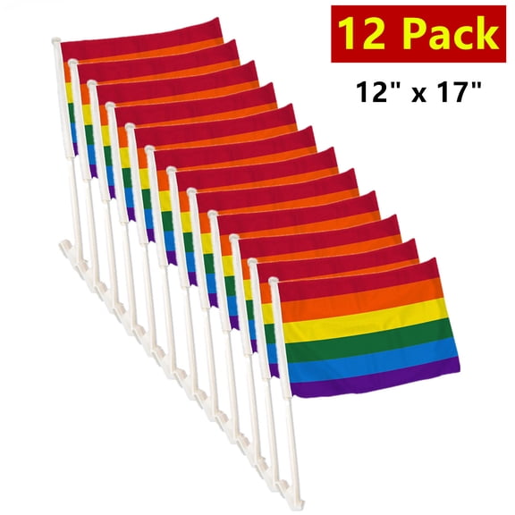 12 Pack 12x17 inch Pride Flags Rainbow Car Window Clip Flag Onto Car Window, Banners, Car Flag with Flagpole Mount LGBTQ+ (12)