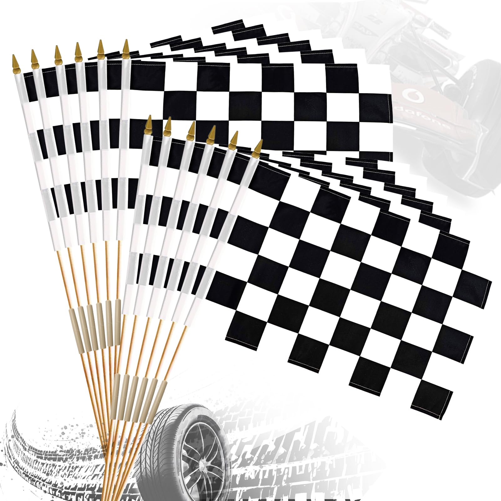 Boho Racing Flags 12 Pack 12x18 Inch Black and White Checkered Racing Flags on Stick Hand ...
