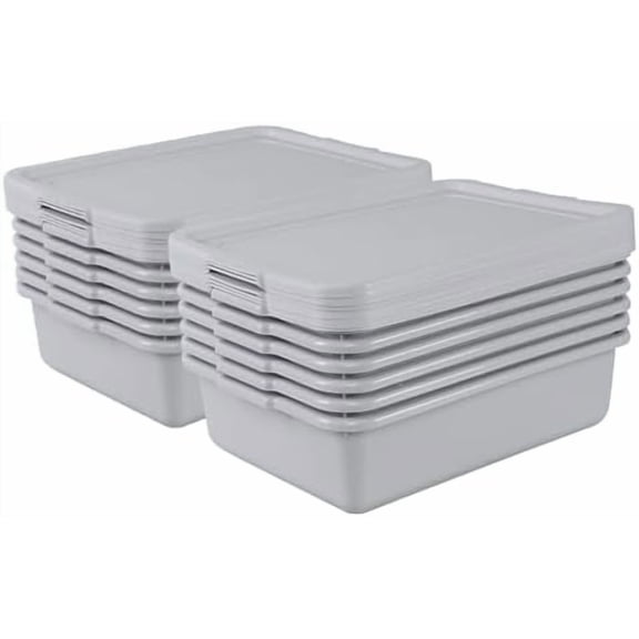 12-Pack 13 L Commercial Bus Tub with Lid, Plastic Restaurant Dish Tub, Grey$$Storage