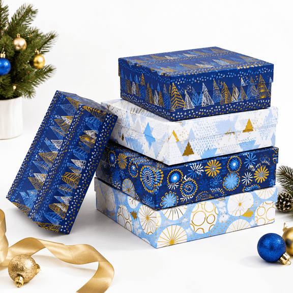 12 Pack 14 Inch Large Holiday Gift Boxes With Lids, Assorted Christmas Designs
