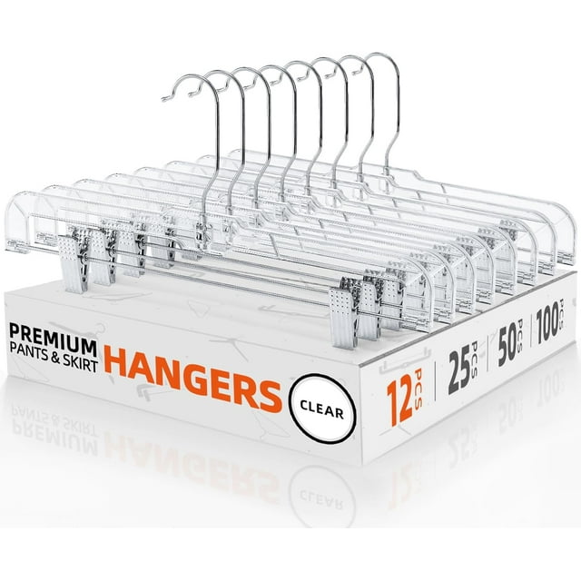 12 Pack 14 inch Clear Plastic Skirt Hangers with Adjustable Clips