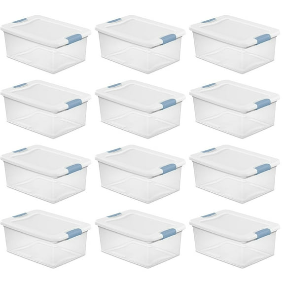 15 Qt Latching Storage Box, Stackable Bin with Latch Lid, Plastic Container to Organize Closet Shelf, Clear with White Lid, 12-Pack