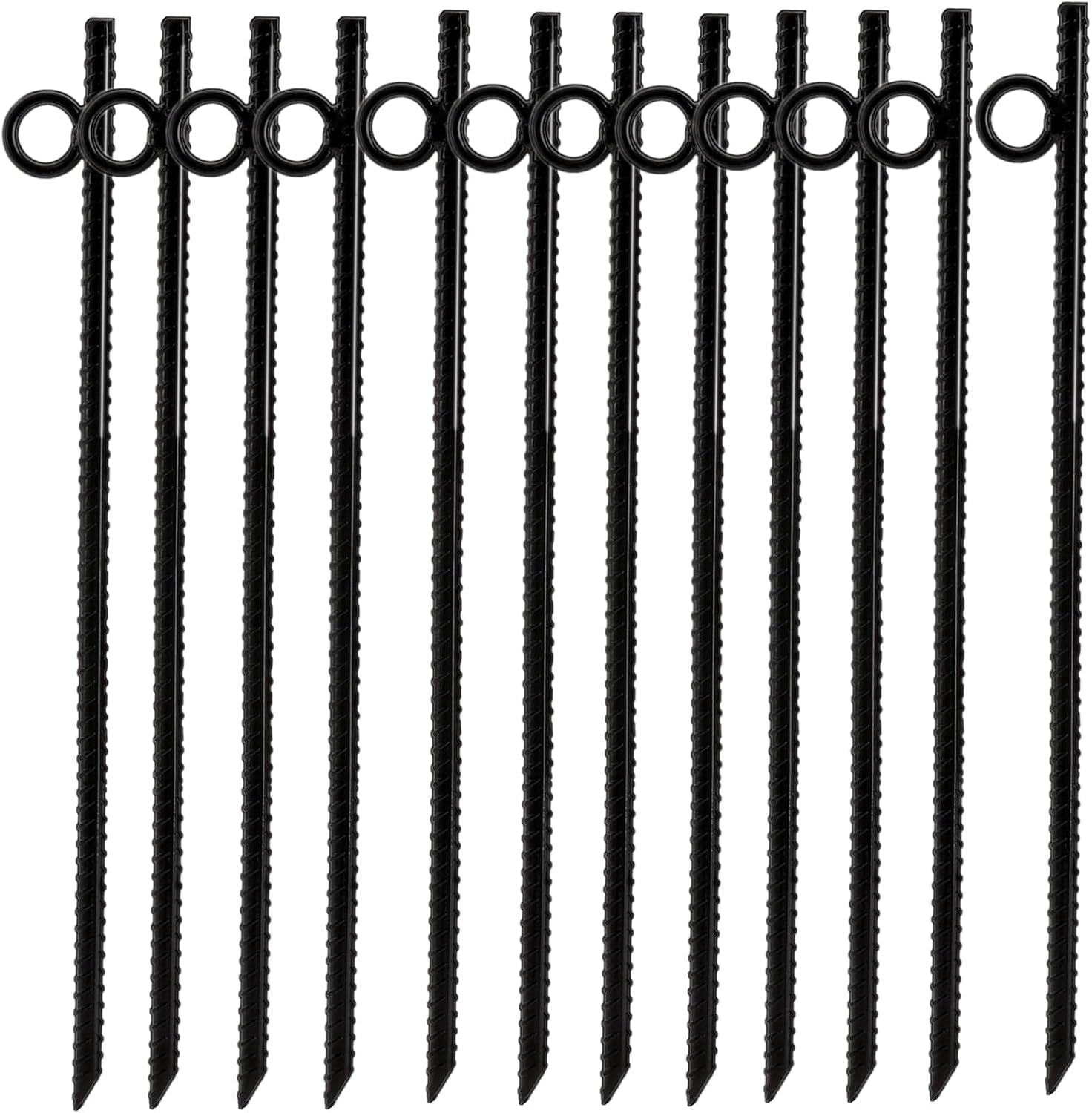 12 Pack 16 Inch Heavy Duty Ground Stakes, Black Steel Ground Anchors with Loop, Reusable Tent Rebar Tent Stakes for Sheds Outdoor Camping Walkway Garden  Fence