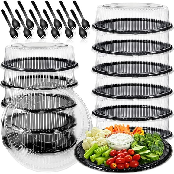 12 Pack 16 Inch Heavy Duty Serving Tray with Clear Lid and Sporks, Large Plastic Tray Elegant Platter Round Black Disposable for Fruit Sandwich Party Takeout Food Catering Picnic
