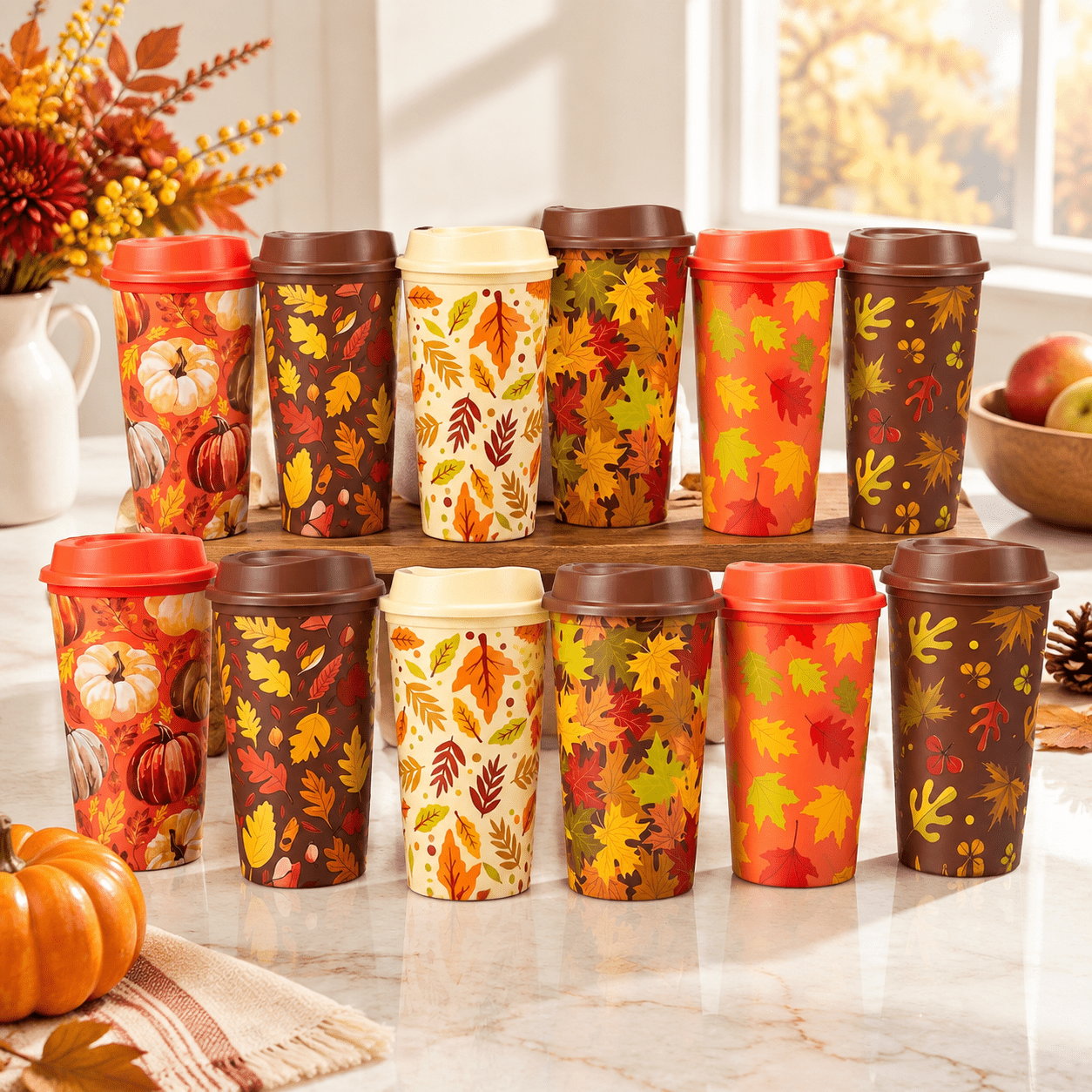 12 Pack 16 Oz Reusable Plastic Coffee Mug with Maple Leaves Design ...
