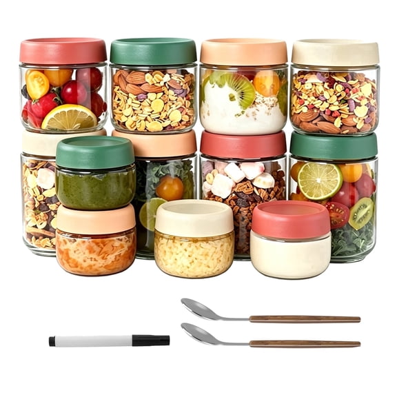 12 Pack (16 oz/8oz /4oz) Glass Overnight Oats Containers with Marker & Spoons, Kitchen Stackable Wide Mouth Mason Jars with Airtight Lid