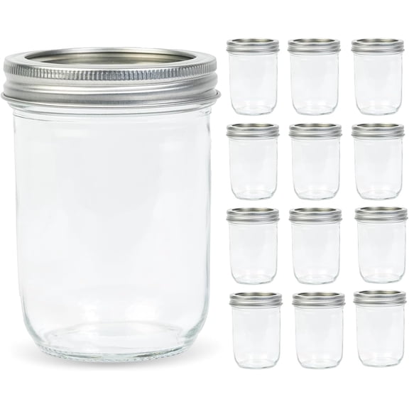 12 Pack 16 oz Wide Mouth Clear Mason Jars with Silver Metal Lids, Canning Jars for Overnight Oats, Food Storage, Dry Food, Snacks, Candies and More