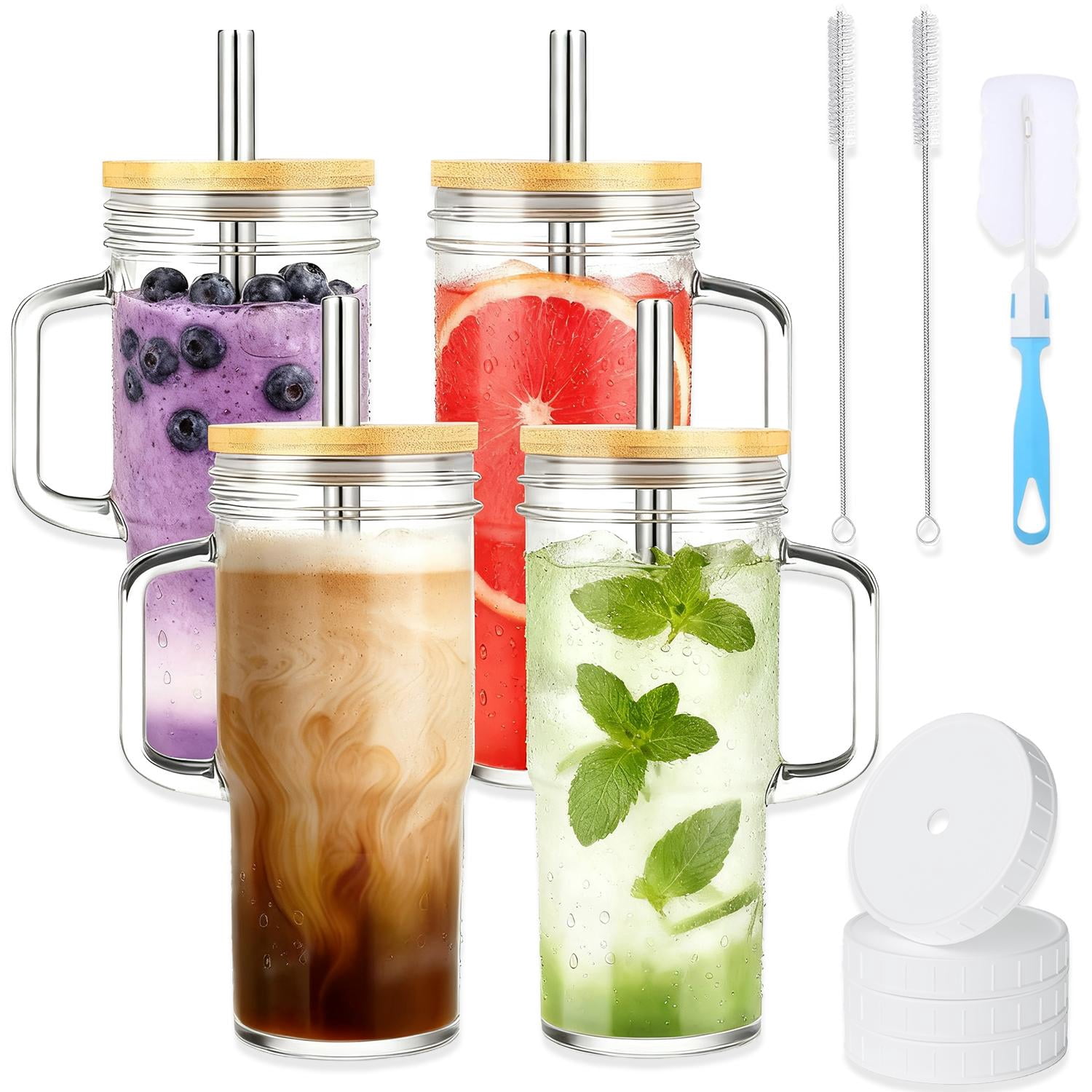 12 Pack 16oz Clear Round Glass Cups with Bamboo Lids, Bent Straws ...