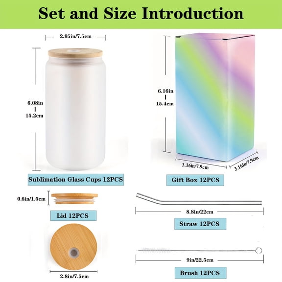 12-Pack 16oz Sublimation Glass Cups with Bamboo Lids and Straws, Frosted Clear Drinking Tumblers with Cleaning Brush for DIY Custom Designs