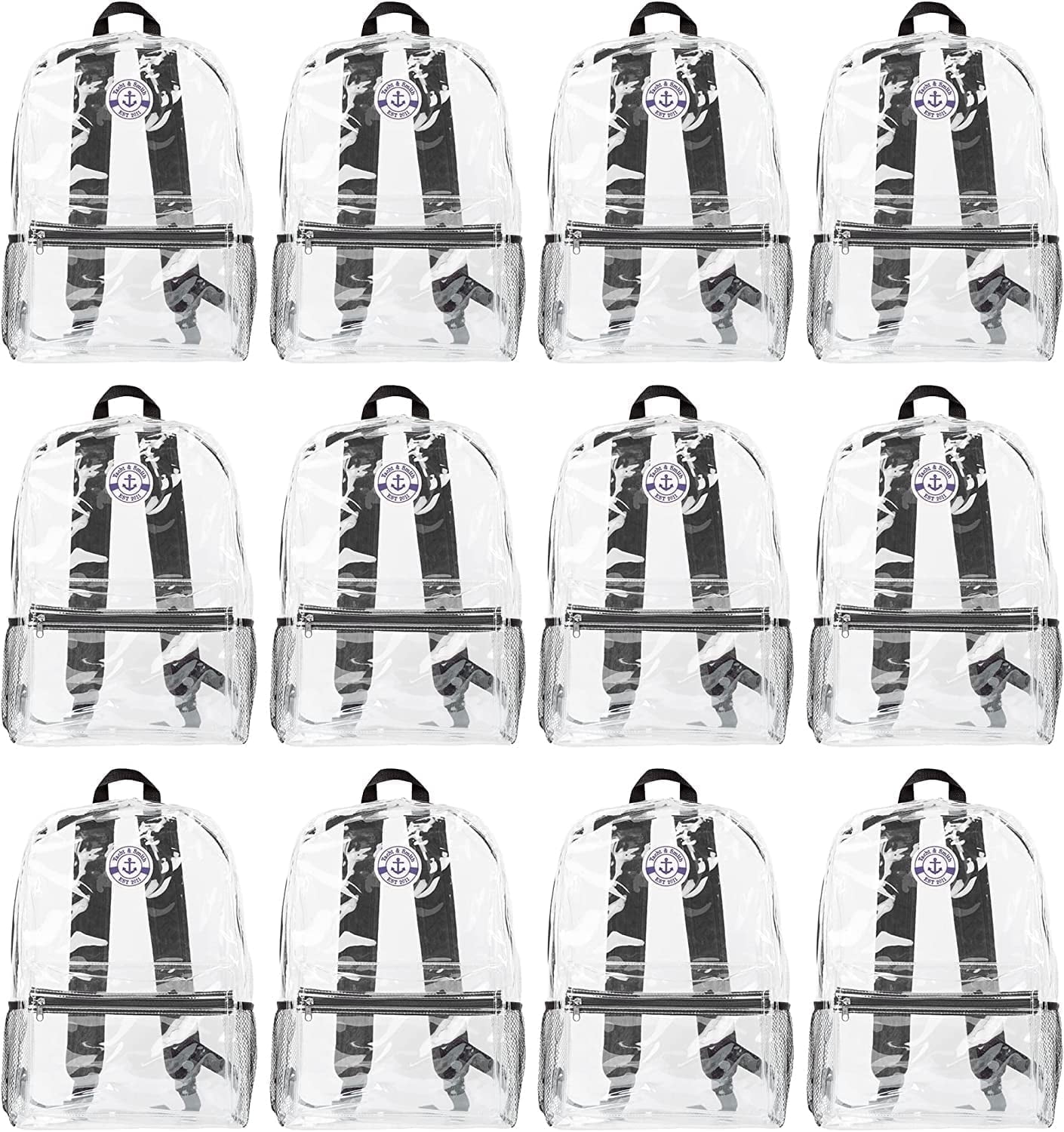 12 Pack 17 Inch Wholesale Children's School Backpack, Bulk Water Resistant Knapsacks For School Age Kids (12 Pack Clear With Black Trim)