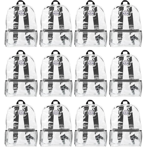 12 Pack 17 Inch Wholesale Children's School Backpack, Bulk Water Resistant Knapsacks For School Age Kids (12 Pack Clear With Black Trim)