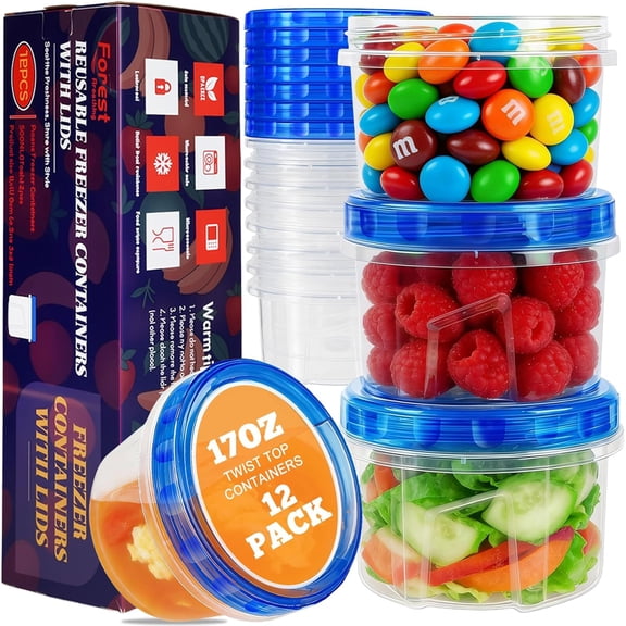 12 Pack 17 Ounce Reusable Freezer Storage Containers with Twist Top Airtight Lids
