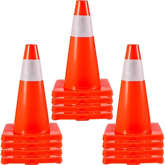 12 Pack 18 Inch Orange Traffic Cones with Reflective Rings PVC Base for Road Parking Construction Safety