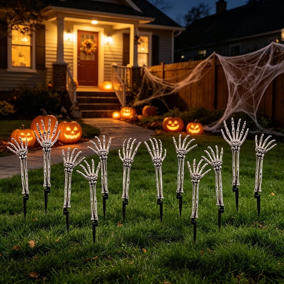 12 Pack 18-Inch Posable Skeleton Hands – Life Size Skeleton Arms with Stakes, Realistic Halloween Outdoor Decorations for Yard, Haunted House, Graveyard, Gothic Party & Spooky Lawn Prop