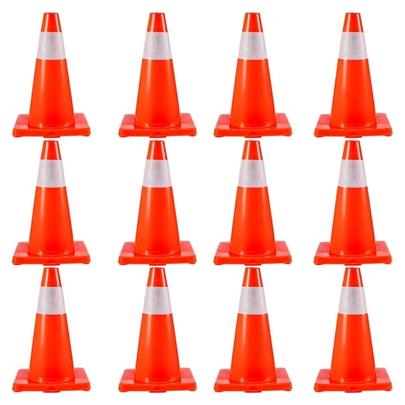 12 Pack 18" Traffic Cones, Safety Cones with Reflective Collars, PVC Base - Orange Road Parking Cones for Construction, Hazard Marking, & Home Use