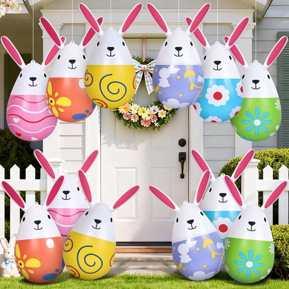12 Pack 18 inch Inflatable Easter Eggs with Rabbit Shapes, Blow Up Easter Yard Decorations Colorful Outdoor Ornaments for Garden Lawn Spring Party Supplies & Egg Hunt Games